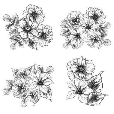 Sorunsuz vintage tarzı çiçek deseni. Siyah ve beyaz çiçek öğeleri.