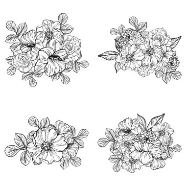 Sorunsuz vintage tarzı çiçek deseni. Siyah ve beyaz çiçek öğeleri.