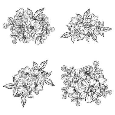 Sorunsuz vintage tarzı çiçek deseni. Siyah ve beyaz çiçek öğeleri.