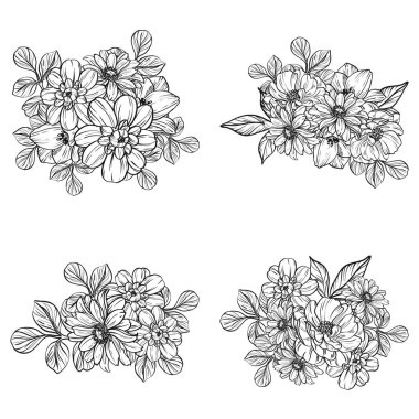 Sorunsuz vintage tarzı çiçek deseni. Siyah ve beyaz çiçek öğeleri.