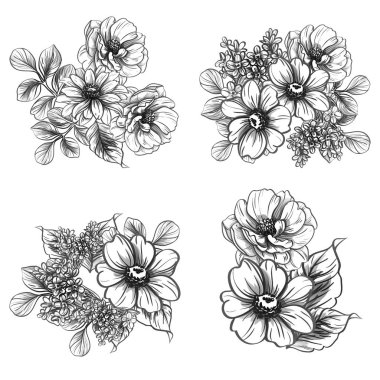 Sorunsuz vintage tarzı çiçek deseni. Siyah ve beyaz çiçek öğeleri.