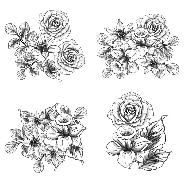 Patrón Flores Estilo Vintage Sin Costuras Elementos Florales Blanco Negro — Vector de stock