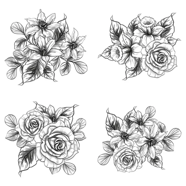 Modèle Fleur Style Vintage Sans Couture Eléments Floraux Noir Blanc — Image vectorielle