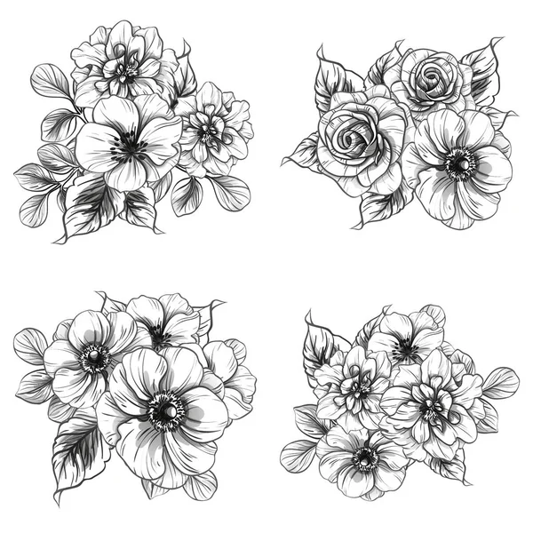 Modèle Fleur Style Vintage Sans Couture Eléments Floraux Noir Blanc — Image vectorielle