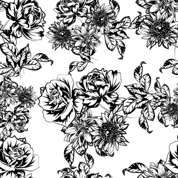Illustration Vectorielle Fond Motif Fleurs Rétro Noir Blanc — Image vectorielle
