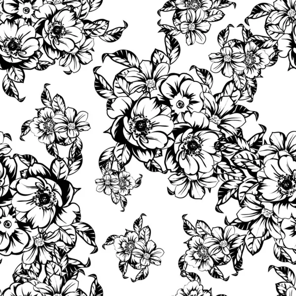 Ilustração Vetorial Fundo Padrão Flores Retro Preto Branco — Vetor de Stock