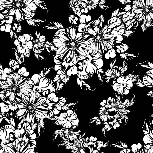 Ilustração Vetorial Fundo Padrão Flores Retro Preto Branco — Vetor de Stock