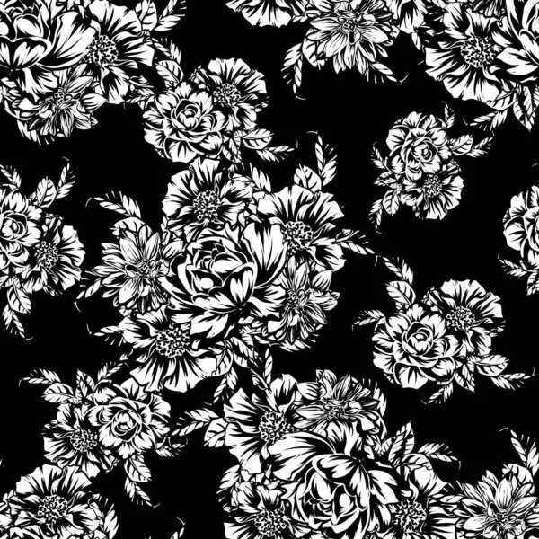 Vector Εικονογράφηση Ασπρόμαυρο Ρετρό Λουλούδια Μοτίβο Φόντου — Διανυσματικό Αρχείο