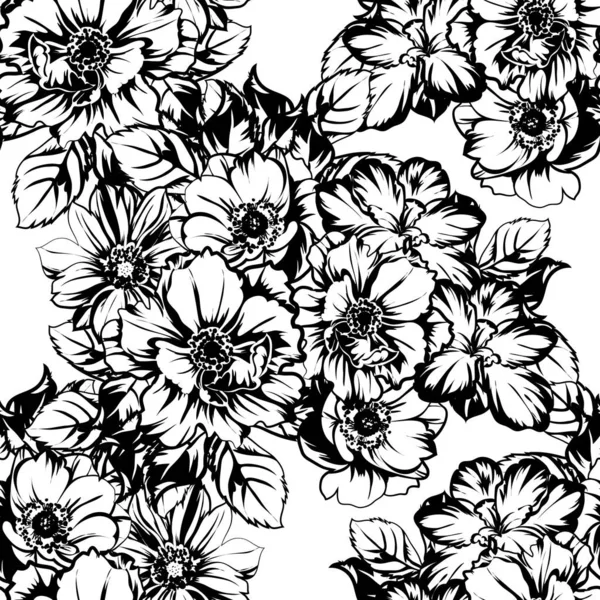 Vektor Illustration Svart Och Vitt Retro Blommor Mönster Bakgrund — Stock vektor