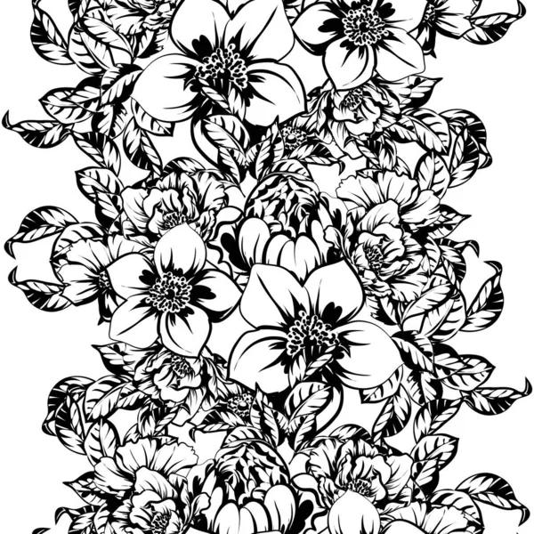 Ilustração Vetorial Fundo Padrão Flores Retro Preto Branco — Vetor de Stock