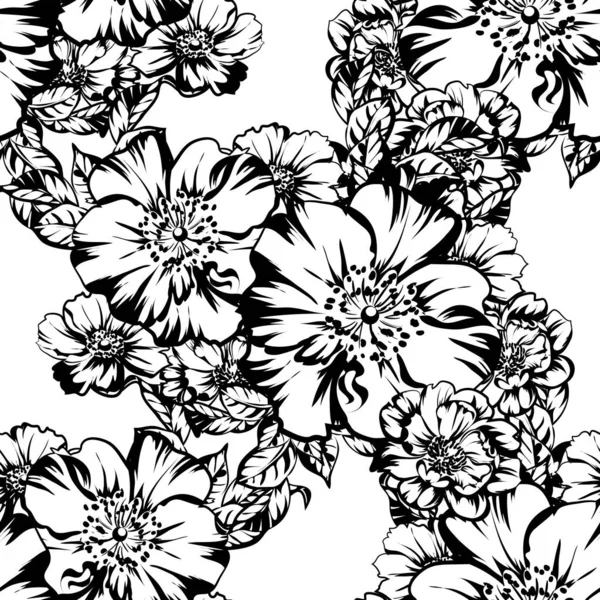 Wektor Ilustracja Czarno Biały Retro Kwiatów Wzór Tła — Wektor stockowy