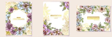 renkli davetiye, vintage tarzı çiçek desen vektör çizim