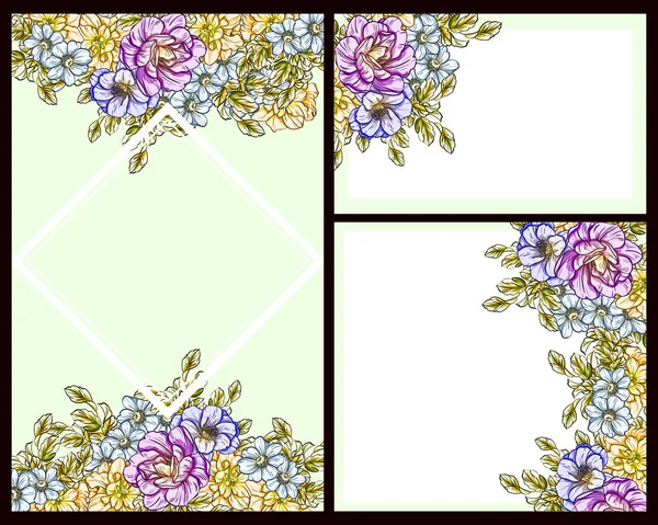 Illustrazione Vettoriale Del Biglietto Invito Colorato Modello Fiori Stile Vintage — Vettoriale Stock