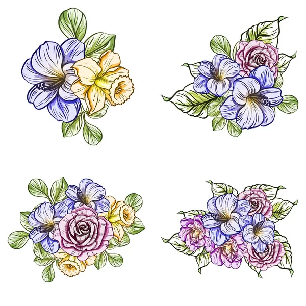 Colourful vintage style flowers on white background