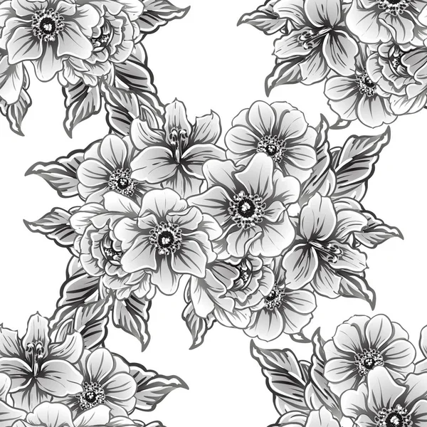 Inconsútil Patrón Flores Estilo Vintage Monocromo — Vector de stock