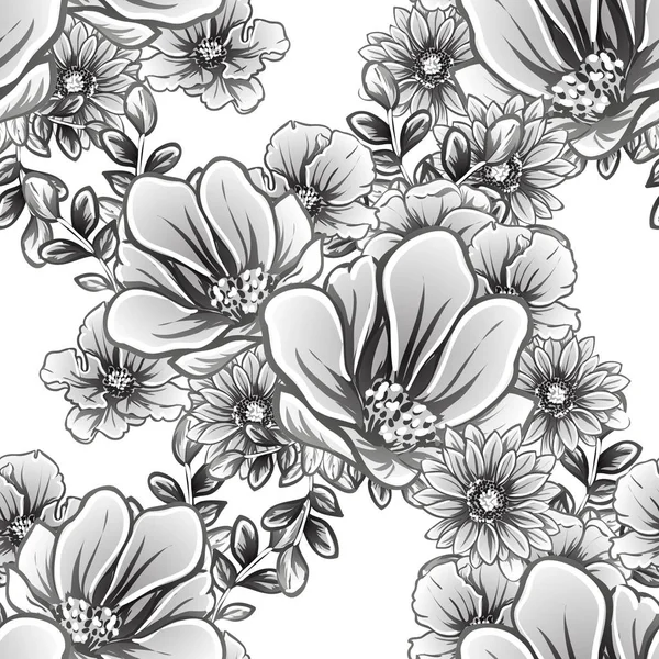 Seamless Monochrome Vintage Style Flowers Pattern — Stock Vector