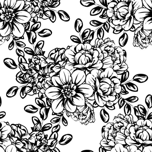 Inconsútil Patrón Flores Estilo Vintage Monocromo — Vector de stock