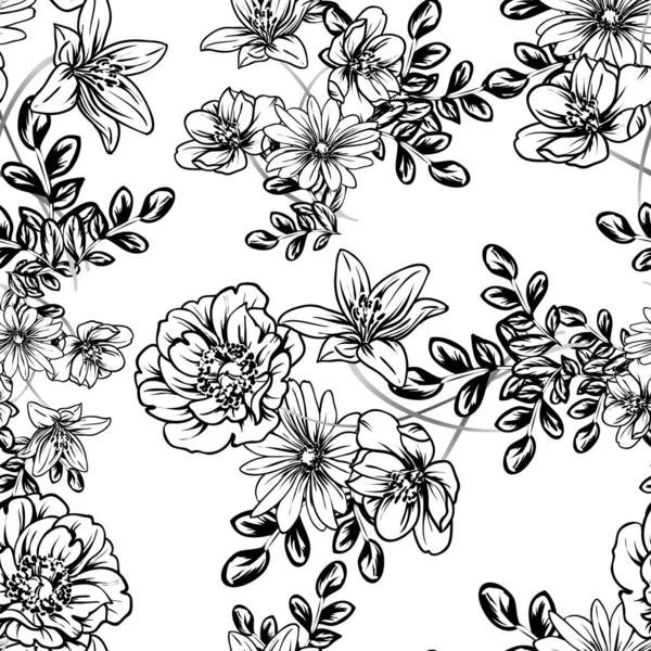 Modèle Fleurs Sans Couture Style Vintage Monochrome — Image vectorielle