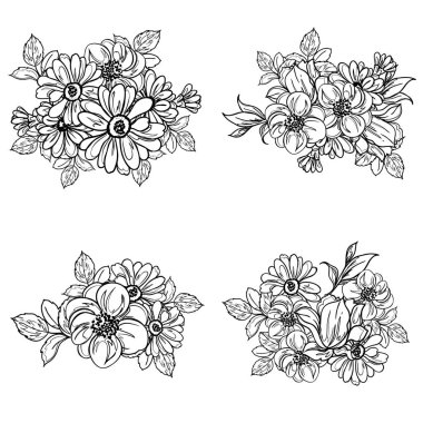 Beyaz arka planda tek renkli Vintage tarzı çiçekler