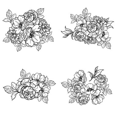 Beyaz arka planda tek renkli Vintage tarzı çiçekler