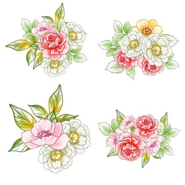 Beyaz arka planda renkli Vintage tarzı çiçekler