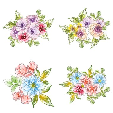 Beyaz arka planda renkli Vintage tarzı çiçekler