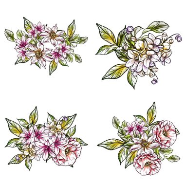 Beyaz arka planda renkli Vintage tarzı çiçekler