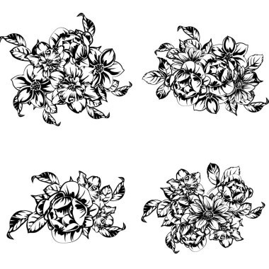 Beyaz arka planda tek renkli Vintage tarzı çiçekler