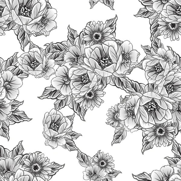 Seamless Monochrome Vintage Style Flowers Pattern — Stock Vector