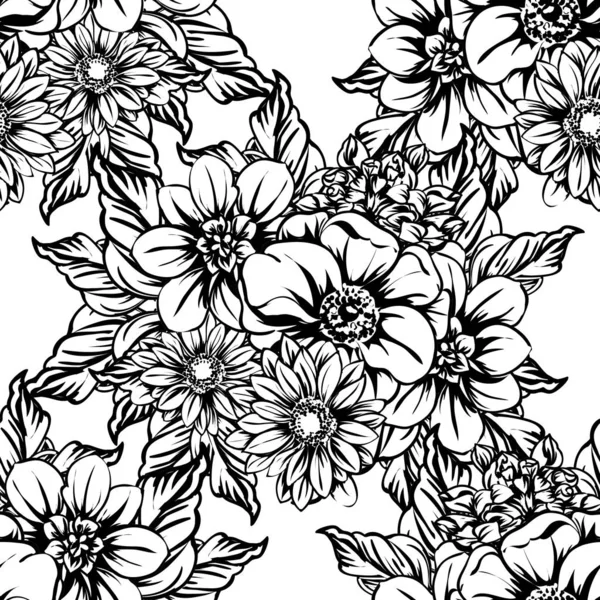 Naadloze Monochrome Vintage Stijl Bloemen Patroon — Stockvector