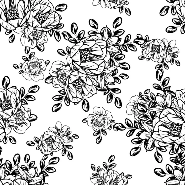 Inconsútil Patrón Flores Estilo Vintage Monocromo — Vector de stock