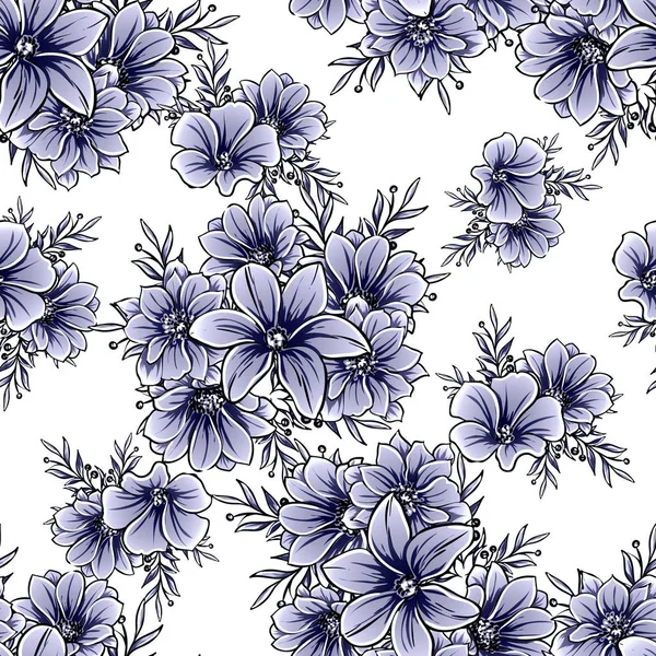 Svartvit Vintage Stil Blommor Sömlösa Mönster — Stock vektor