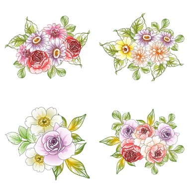 Beyaz arka planda renkli Vintage tarzı çiçekler