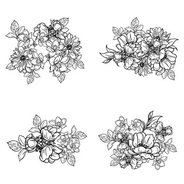 Beyaz arka planda tek renkli Vintage tarzı çiçekler