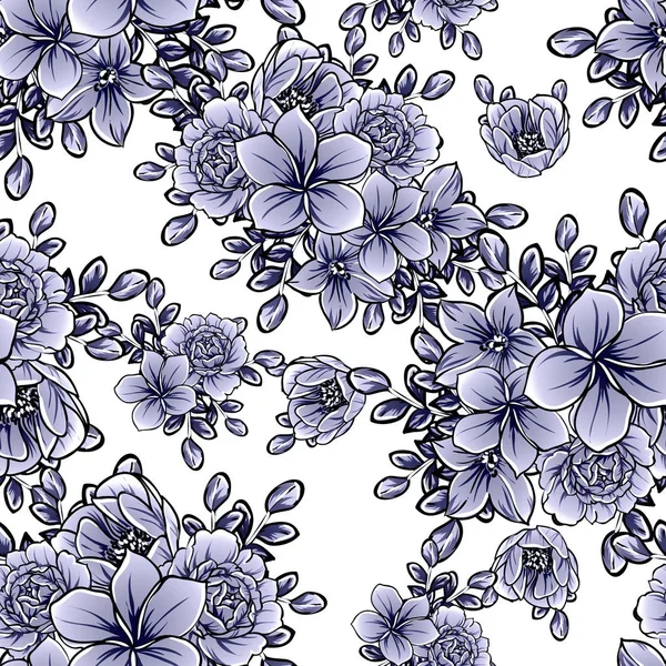 Svartvit Vintage Stil Blommor Sömlösa Mönster — Stock vektor