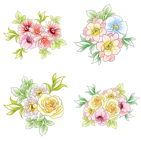 Colourful vintage style flowers on white background