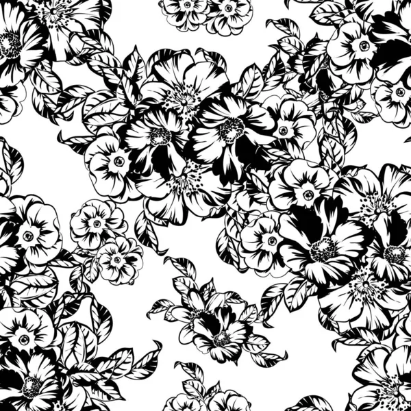 Nahtloses Monochromes Blumenmuster Vintage Stil — Stockvektor