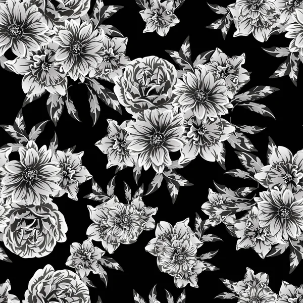 Seamless Monochrome Vintage Style Flowers Pattern — Stock Vector