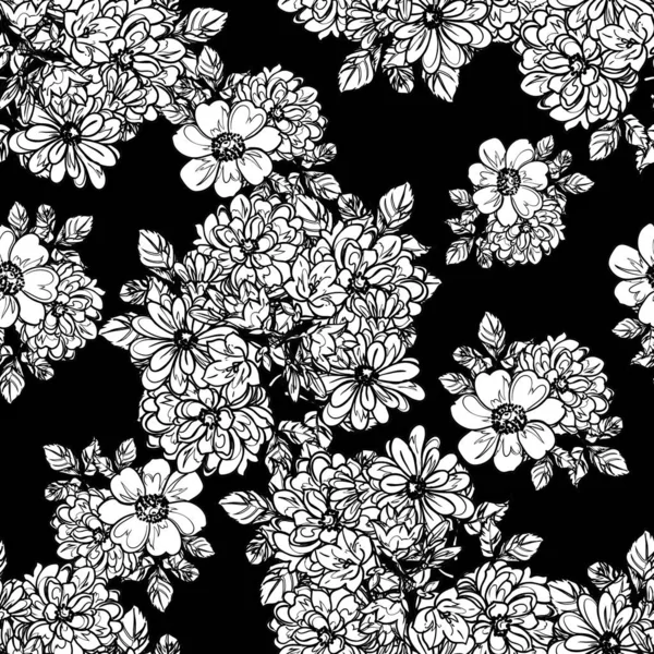 Senza Soluzione Continuità Modello Fiori Stile Vintage Monocromatico — Vettoriale Stock