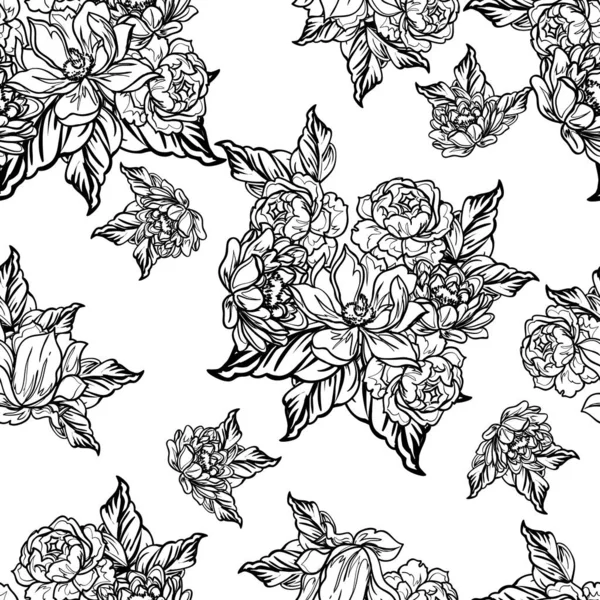 Seamless Monochrome Vintage Style Flowers Pattern — Stock Vector