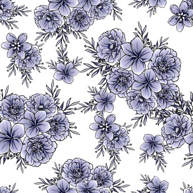 Kusursuz mavi monokrom klasik çiçek deseni