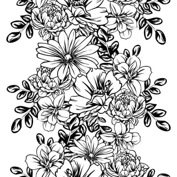 Nahtloses Monochromes Blumenmuster Vintage Stil — Stockvektor