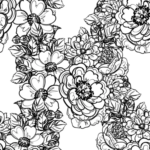 Nahtloses Monochromes Blumenmuster Vintage Stil — Stockvektor