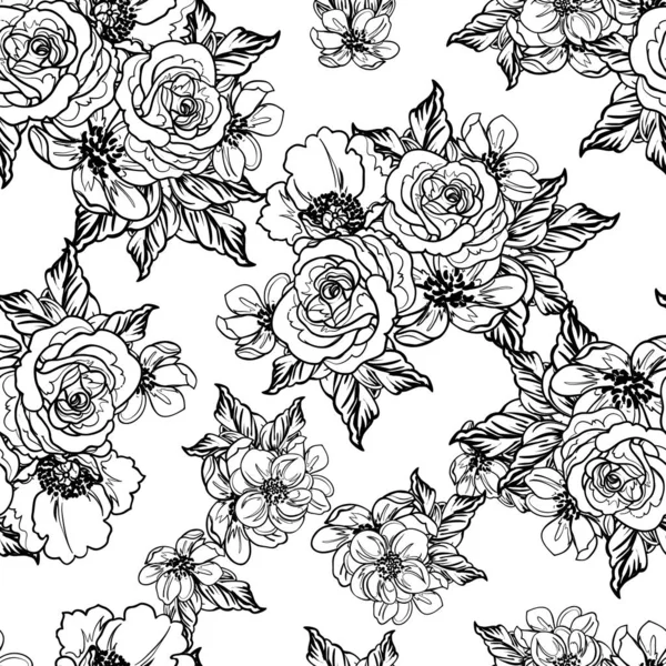 Naadloze Monochrome Vintage Stijl Bloemen Patroon — Stockvector