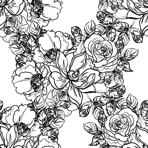 Seamless Monochrome Vintage Style Flowers Pattern — Stock Vector