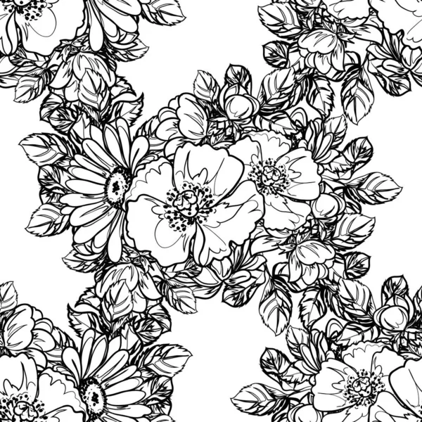 Seamless Monochrome Vintage Style Flowers Pattern — Stock Vector