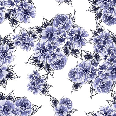 Kusursuz mavi monokrom klasik çiçek deseni