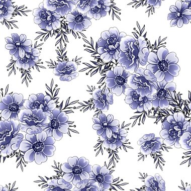 Kusursuz mavi monokrom klasik çiçek deseni