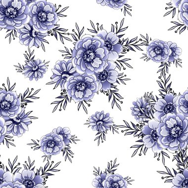Kusursuz mavi monokrom klasik çiçek deseni