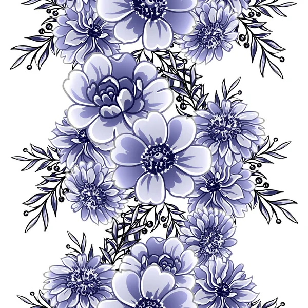 シームレスブルーモノクロヴィンテージスタイルの花パターン — ストックベクタ